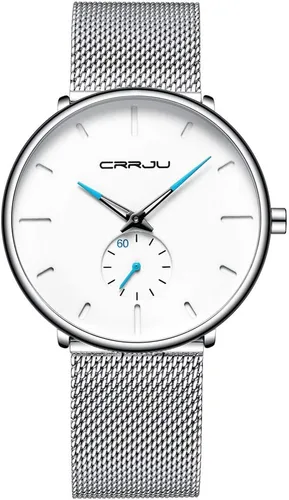 Vista 8 de CRRJU Reloj de cuarzo analógico delgado para hombre, reloj de pulsera con esfera negra con correa de malla