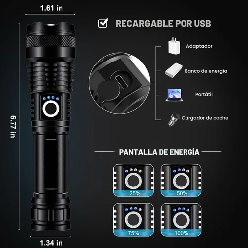 Vista 4 de Paquete de 3 linternas LED recargables de alto lumen, linterna súper brillante de 90,000LM, linterna potente ajustable de 5 modos con cable USB