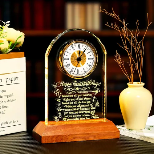 Vista 8 de Arikyrist Regalos de cumpleaños número 100 para mujeres, hombres y amigos, reloj de cumpleaños de cristal con base de luz Glass 100th Birthday