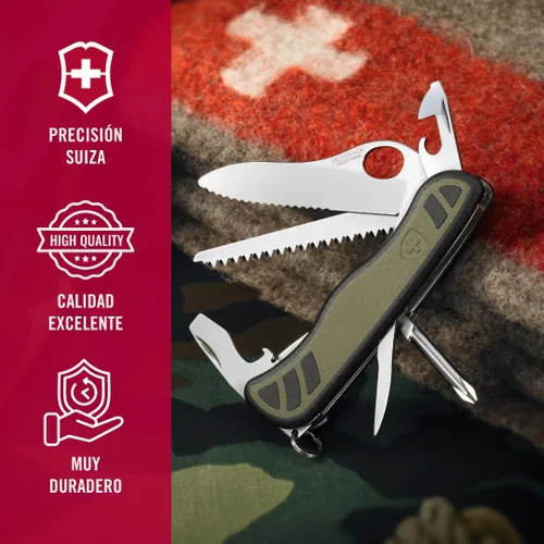 Vista 8 de Victorinox - Cuchillo suizo para soldado 08, 10 funciones, color oliva/negro Large one-handed lock blade with wavy edge, wood saw, screwdrivers