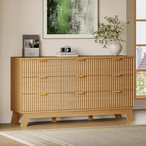 Vista 40 de BORNOON Cómoda acanalada de 3 cajones, 30.3 pulgadas de alto, cómoda bohemia compacta y moderna, armario de almacenamiento de madera
