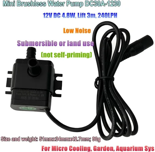Vista 2 de SHYSKY 12VDC Mini bomba de agua sin escobillas DC30A-1230 4.8W 63.4GPH Elevación 9.8 ft 9.8ft Circulación continua estable de bajo ruido, para micro