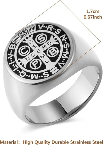 Vista 2 de HZMAN Anillo de exorcismo de San Benito para hombre acero inoxidable cruz católica romana protección de demonios anillo de cazador de fantasmas