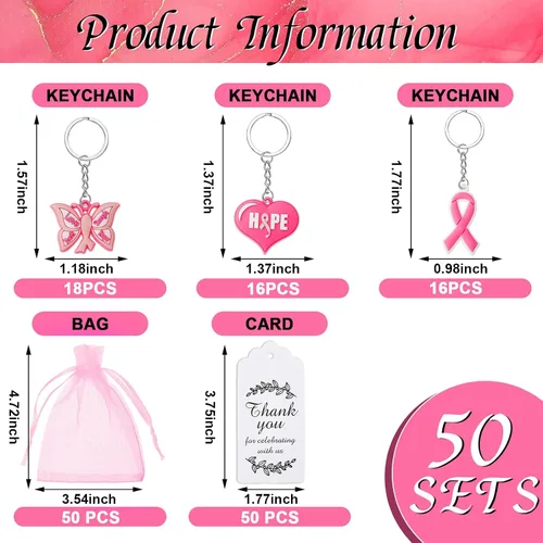 Vista 2 de Taiyin Breast Cancer Awareness Gifts Pink Breast Cancer Keychain Bulk Pink Ribbon Butterfly Heart Keychains Breast Cancer