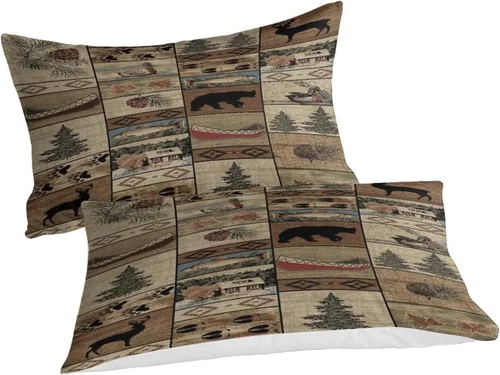 Vista 2 de Juego de ropa de cama de 3 piezas de 3 piezas con parche de vida silvestre, juego de edredón reversible de campamento rústico con fundas de almohada