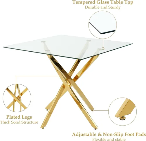 Vista 5 de Juego de mesa de comedor de 36 pulgadas para 4, moderna parte superior cuadrada de vidrio templado, mesa de patas de acero inoxidable con acabado