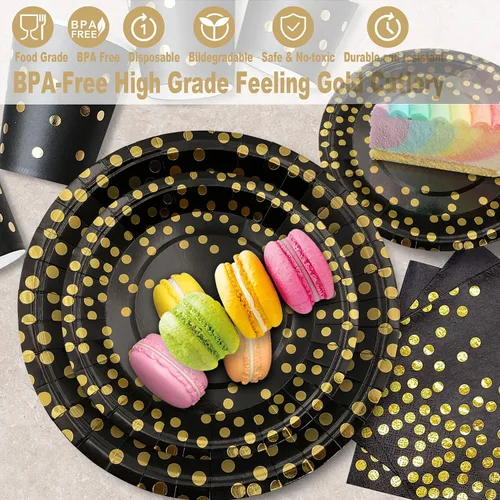 Vista 3 de AIRE 175 piezas Vajilla de papel negra y dorada para 25 invitados, suministros desechables para fiestas, vajilla con puntos dorados en platos