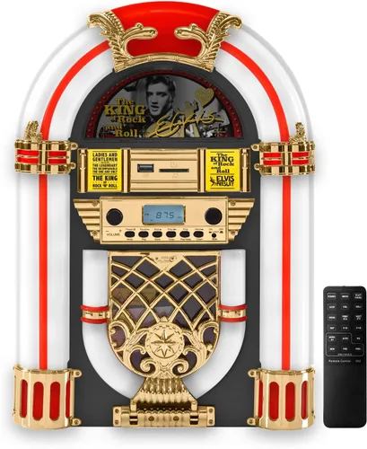 Vista 7 de Athena - Mini Jukebox/reproductor de CD de mesa, altavoz Bluetooth, radio/reproductor de tarjetas USB y SD con sistema de iluminación LED retro
