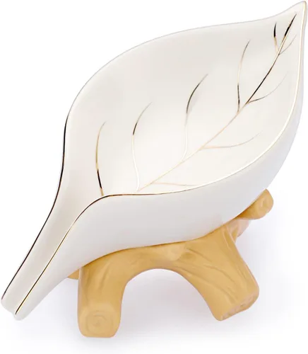 Vista 9 de JUXYES Jabonera de cerámica autodrenante, jabonera única en forma de hoja, bandeja decorativa para jabonera de mesa, ahorrador de jabón para bañera