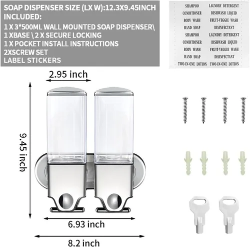 Vista 6 de Dispensador de champú y acondicionador prosfalt 2 x 500ml No taladrar Montado en la pared Dispensador manual de jabón para ducha para el hogar