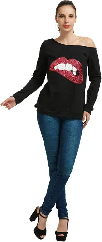 Vista 6 de MAGICMK - Sudaderas con hombro descubierto para mujer, manga larga, estampado de labios, casuales