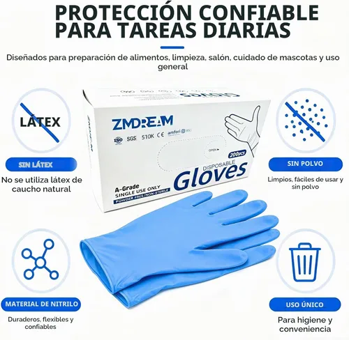 Vista 2 de ZMDREAM Nitrile Gloves 200ct Latex-Free Powder-Free Textured Grip 4 Sizes