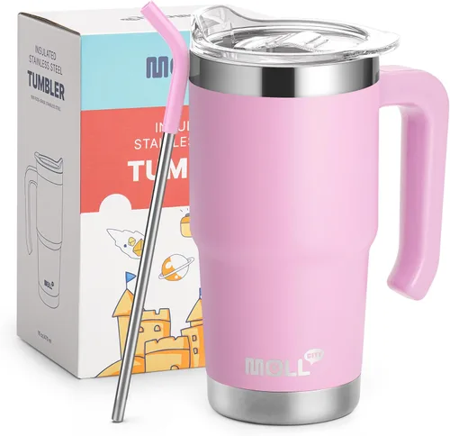 Vista 13 de Vaso de 16 onzas con asa, reutilizable, de acero inoxidable, aislado al vacío, con tapa y pajilla, para mujeres y niñas (verde manzana)