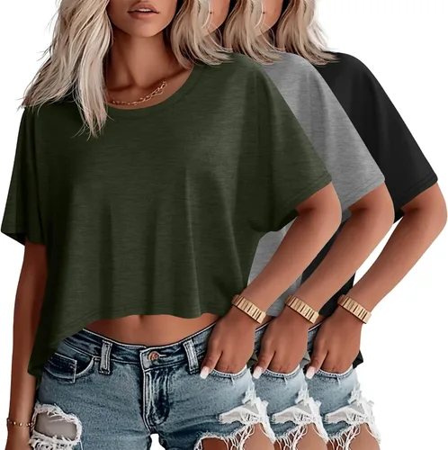 Vista 7 de Huukeay Paquete de 3 camisetas recortadas de gran tamaño para mujer, manga corta, holgadas, cuello redondo, holgadas, para entrenamiento