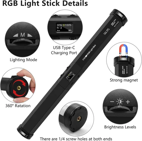 Vista 4 de Varita de luz LED RGB con soporte, QEUOOIY 360° a todo color 2500-9500K iluminación portátil de fotografía de estudio, batería recargable de 5000