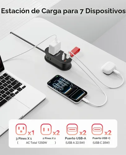 Vista 3 de ORICO Tira de alimentación de viaje de 22.5 W, estación de carga 7 en 1 (3 AC, 4 puertos USB) Cable de extensión de 4 pies, enchufe plano esencial