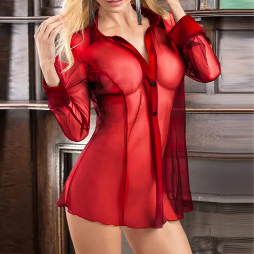 Vista 2 de Lencería sexy roja para mujer, pijamas transparentes de manga larga, babydoll exótico, conjuntos de lencería para sexo travieso y transparente