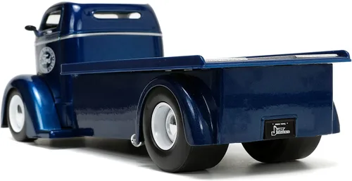 Vista 5 de Jada Toys Just Trucks 1:24 1947 Ford COE - Coche de cama plana fundido a presión color azul oscuro/blanco con estante para neumáticos, juguetes