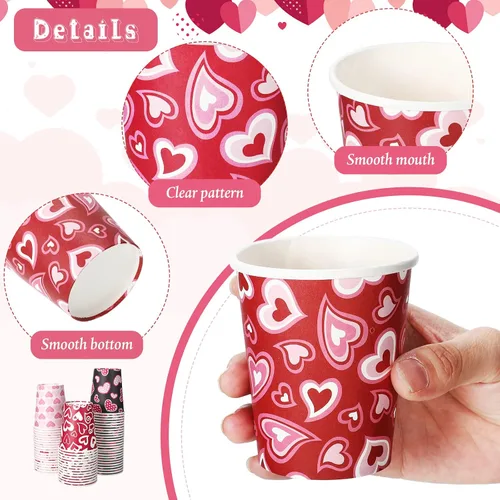 Vista 3 de Roowest 144 vasos desechables para el día de San Valentín, vasos de papel de corazón de 9 onzas, tazas de café de San Valentín para té, bebidas