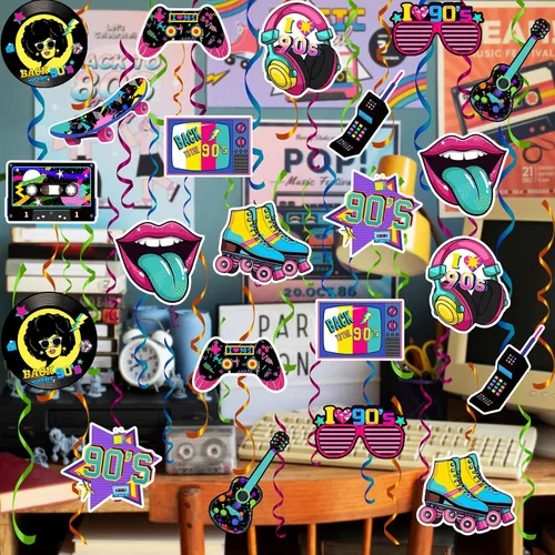 Vista 7 de 48 espirales colgantes de los años 90 para adultos, decoraciones de fiesta de regreso a los 90, decoración de cumpleaños temática de los años 80