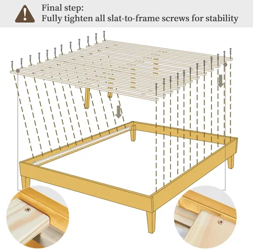 Vista 8 de Yaheetech Base de cama matrimonial con plataforma de madera maciza natural con soporte de listones de madera, espacio debajo de la cama de 12 Madera