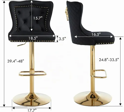 Vista 2 de Juego de 2 taburetes de bar negros y dorados, taburetes de bar de terciopelo con respaldo de ala alta, modernas sillas de bar tapizadas, taburete