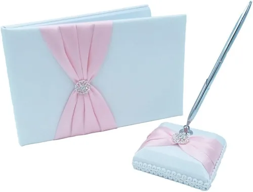 Vista 12 de Abbie Home Libro de invitados de boda + soporte para bolígrafo + letrero de diamantes de imitación para fiesta (borgoña)