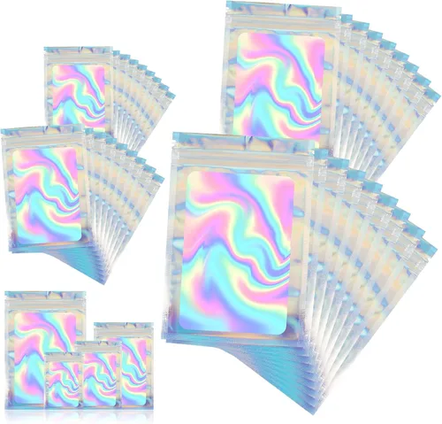 Vista 11 de 120 bolsas de tereftalato de polietileno a prueba de olores, bolsa de embalaje holográfica resellable con ventana transparente para alimentos
