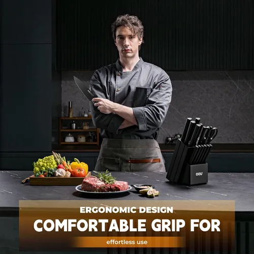 Vista 5 de OOU Juego de Cuchillos de Cocina con Bloque - 15 Piezas de Acero Inoxidable de Alto Carbono con Bloques de Afilado Integrados, Negro