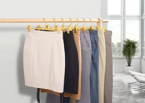 Vista 6 de Amber Home Paquete de 10 perchas de aluminio dorado mate de alta calidad, colgador de falda de metal extra suave y duradero de 12.2 pulgadas