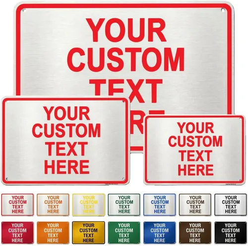 Vista 11 de Letrero de metal resistente a la intemperie de aluminio, varios tamaños, texto personalizado aquí, blanco y negro, regulación de tráfico, letreros