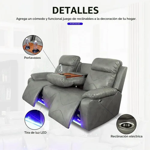 Vista 4 de Juego de sofá reclinable eléctrico con luces LED, sofá de cuero con puerto USB, muebles de sala de estar con consola de almacenamiento/portavasos