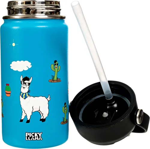 Vista 3 de Botella de agua de acero inoxidable aislada al vacío (Llama Kids Blue, 12 oz)