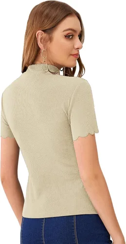 Vista 2 de SweatyRocks - Camiseta de manga corta con cuello alto, canalé y bordes envoltorio para mujer Beige
