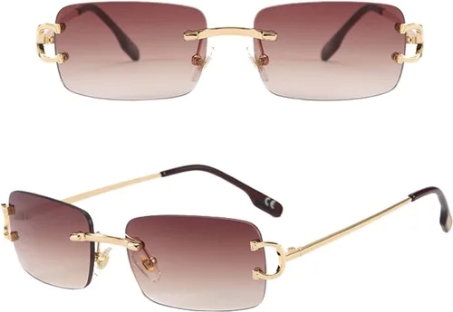 Vista 28 de Rimless Sunglasses for Men Women Small Narrow Rectangle Sunglasses 2 piezas: azul degradado+marrón degradado