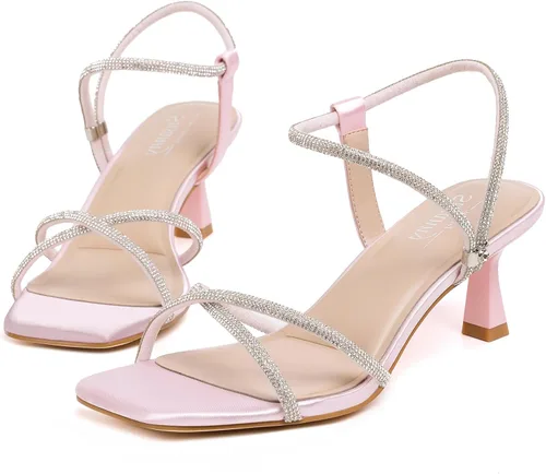 Vista 17 de Susanny - Zapatos de tacón bajo con strass para mujer, con punta puntiaguda, de tacón kitten, con cierre, ajustables, con correa, para vestido