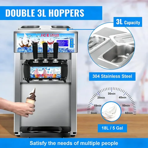 Vista 7 de Máquina de helado de servicio suave, máquina de servir suave de 18L/H, máquina de helado suave de encimera de 1200 W con panel LCD de 3 sabores