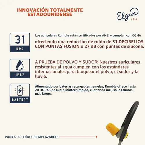 Vista 3 de Auriculares Bluetooth Elgin Rumble Gen 2, tapones inalámbricos con puntas Fusion 31 dB Noise Reduction, IP67 Waterproof, OSHA Compliant ANSI