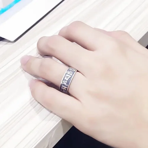 Vista 6 de JUNTEN Anillo de plata de ley 925 budista tibetana Om Mani Padme Hum Mantra para hombres y mujeres, anillos abiertos de 0.315in de ancho ajustables