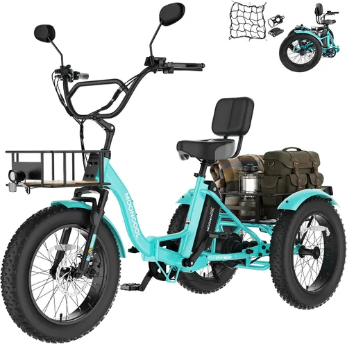 Vista 14 de MOONCOOL Triciclo eléctrico plegable para adultos, Etrike de aluminio de 20 pulgadas, clasificado 500 W, batería extraíble de 48 V frenos de disco