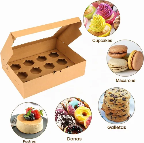 Vista 5 de Moretoes 34 juegos de cajas para cupcakes, capacidad para 12 cupcakes cada una, recipientes marrones con ventana e insertos, 13 x 10 x 3.5 pulgadas