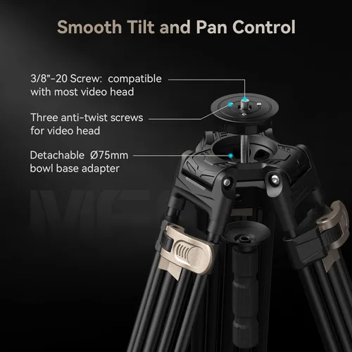 Vista 4 de SMALLRIG AD-80 FreeBlazer Trípode de aluminio resistente de aleación, trípode de video de 71 pulgadas con adaptador de cuenco de 75mm, ajuste
