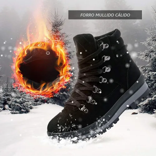 Vista 6 de FRACORA Botas de combate para mujer, con cordones, botas de nieve, botas de invierno con cremallera lateral, botines de moda Negro