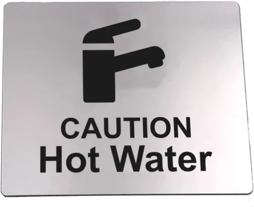 Vista 6 de Caution Hot Water, letrero para fregadero con adhesivo en la parte posterior, plateado metálico grabado en negro con símbolo de icono universal
