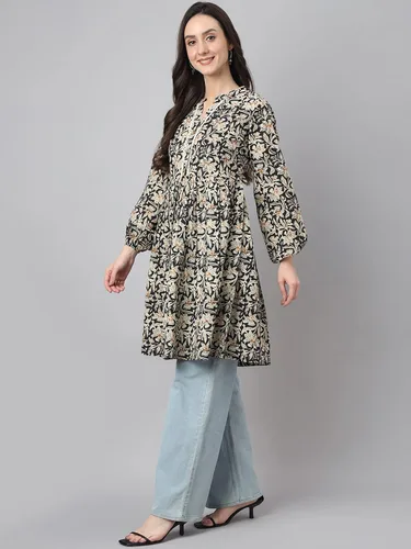 Vista 6 de Janasya Túnica acampanada con estampado floral de algodón negro para mujer india