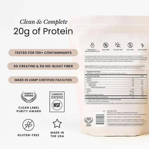 Vista 2 de Perelel Proteína en polvo a base de plantas de triple soporte, vainilla cremosa, 0.71 onzas de proteína vegana en polvo, 0.11 onzas de monohidrato