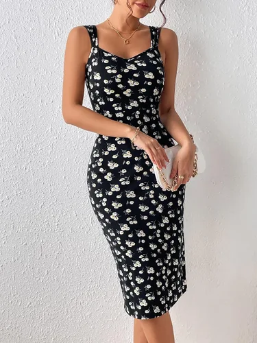 Vista 3 de Verdusa Vestido midi ajustado sin mangas con cuello corazón y estampado floral para mujer