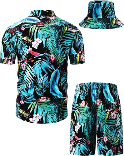 Vista 52 de TUNEVUSE Conjunto de camisas y pantalones cortos hawaianos para hombre, 2 piezas, trajes de playa con estampado de flores, traje tropical de verano