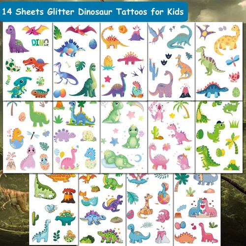 Vista 2 de CHARLENT 110 estilos de tatuajes temporales de dinosaurios con purpurina para niños, 14 hojas de tatuajes de dinosaurios con purpurina para niños