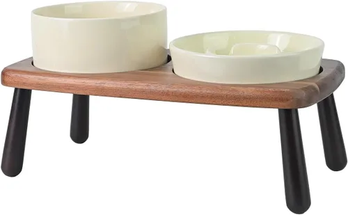 Vista 13 de SPUNKYJUNKY Cuencos elevados de cerámica para perros con soporte de bambú de acacia, juego de cuencos de agua y comida para perros y gatos de 6.1